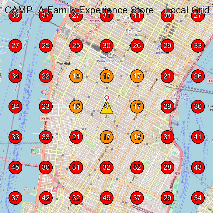 CAMP, A Family Experience Store GeoGrid visibility map for Clothing Store in New York